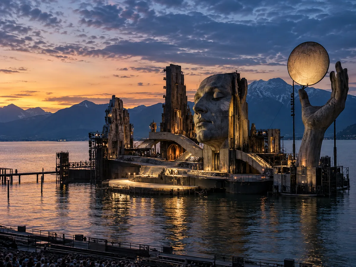 Die Seebühne der Bregenzer Festspiele am Bodensee bei einer Abendvorstellung