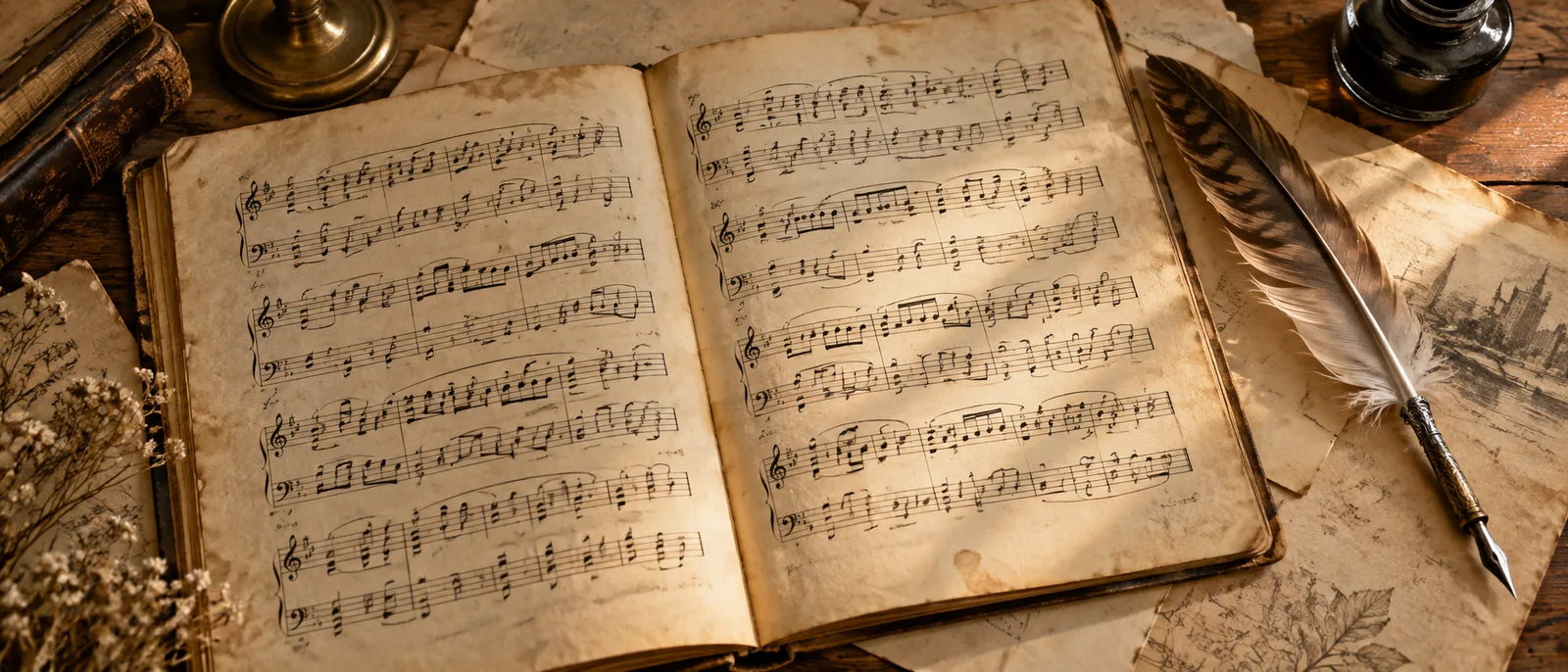 Eine aufgeschlagene historische Notenhandschrift neben einer Feder