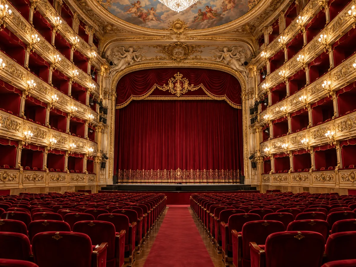 Das Zuschauerhaus der Wiener Staatsoper mit rotem Samt und goldenen Rängen, Blick zur Bühne
