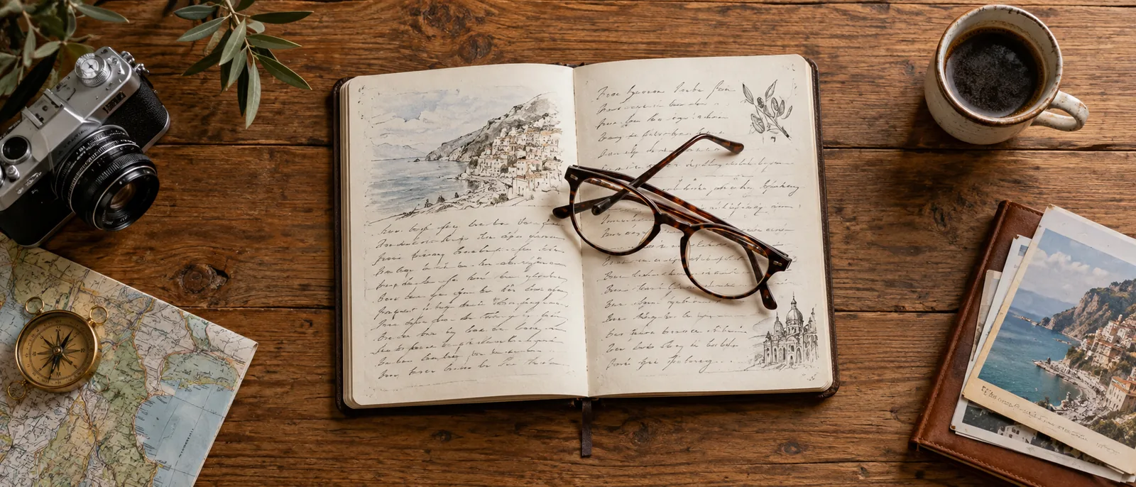 Ein aufgeschlagenes Notizbuch mit handschriftlichen Reisenotizen neben einer Lesebrille