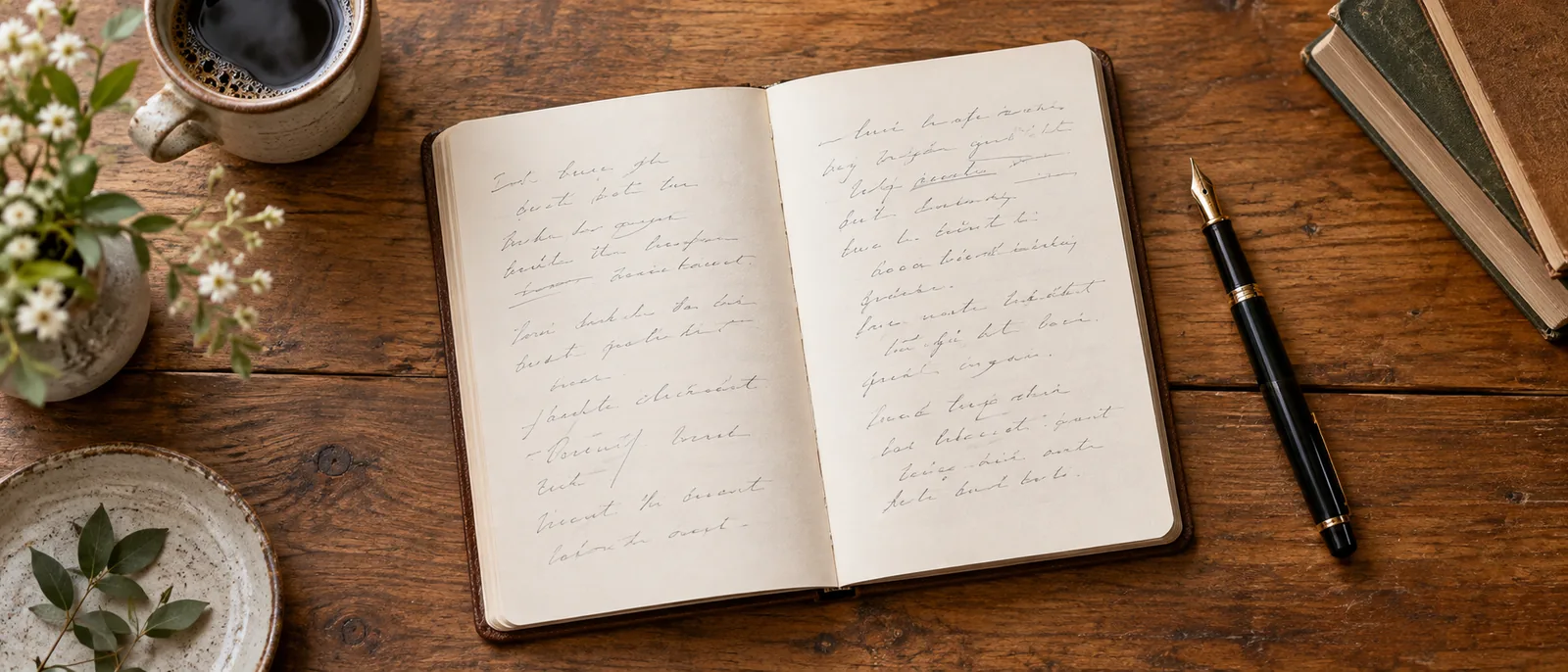 Ein aufgeschlagenes Notizbuch mit handschriftlichen Notizen neben einem Füllfederhalter