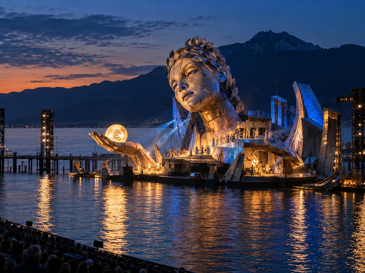 Die Seebühne Bregenz bei Abenddämmerung mit Bühnenbild über dem Wasser des Bodensees