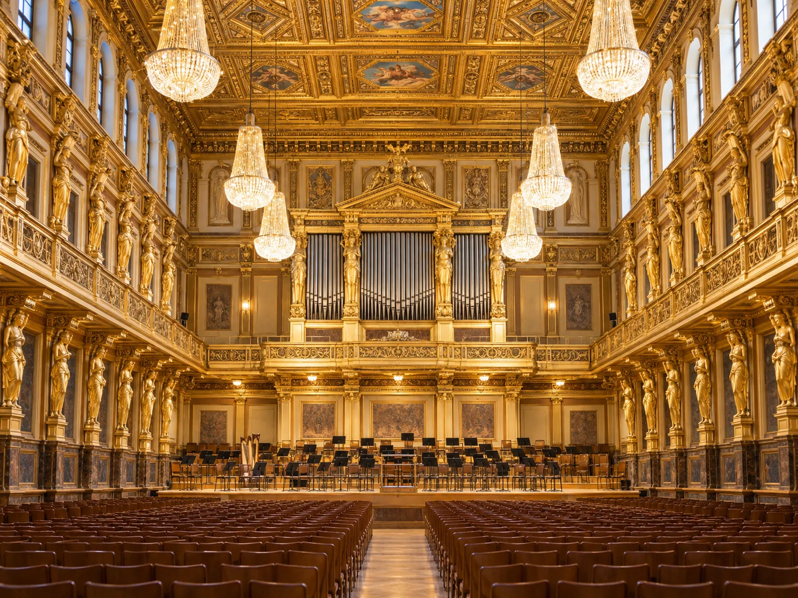 Der Goldene Saal des Wiener Musikvereins mit vergoldeten Karyatiden und Kronleuchtern, blick zur Orgel