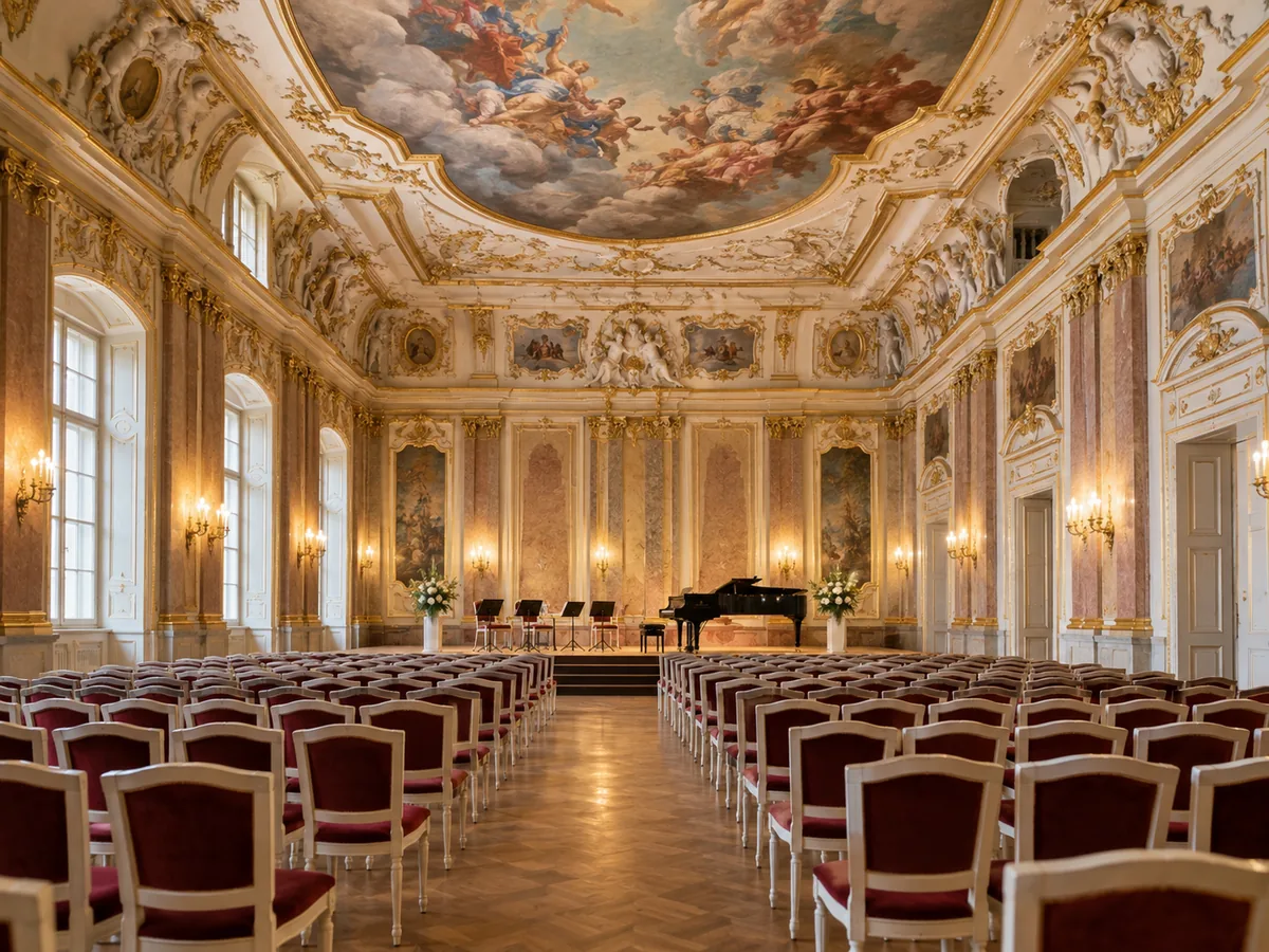 Der barocke Haydnsaal in Schloss Esterházy mit Deckenfresken und aufgestellten Stuhlreihen für ein Konzert