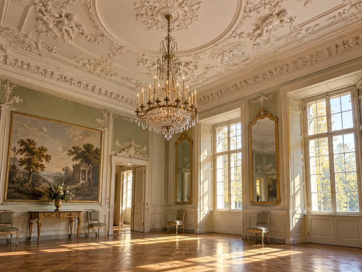 Der rekonstruierte Tanzmeistersaal im Mozart-Wohnhaus mit Stuckdecke und historischen Möbeln