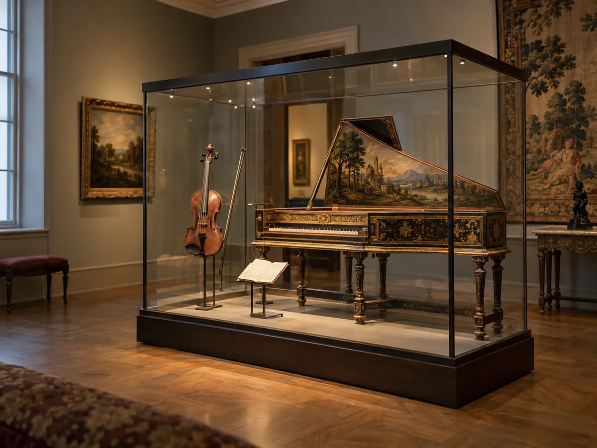 Ein Ausstellungsraum in Mozarts Geburtshaus mit historischen Musikinstrumenten in einer Vitrine