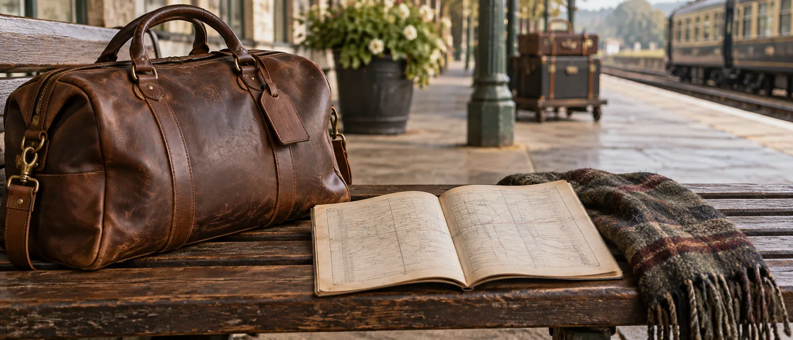 Eine aufgeschlagene Bahnfahrplan-Broschüre neben einer Reisetasche auf einem Bahnsteig