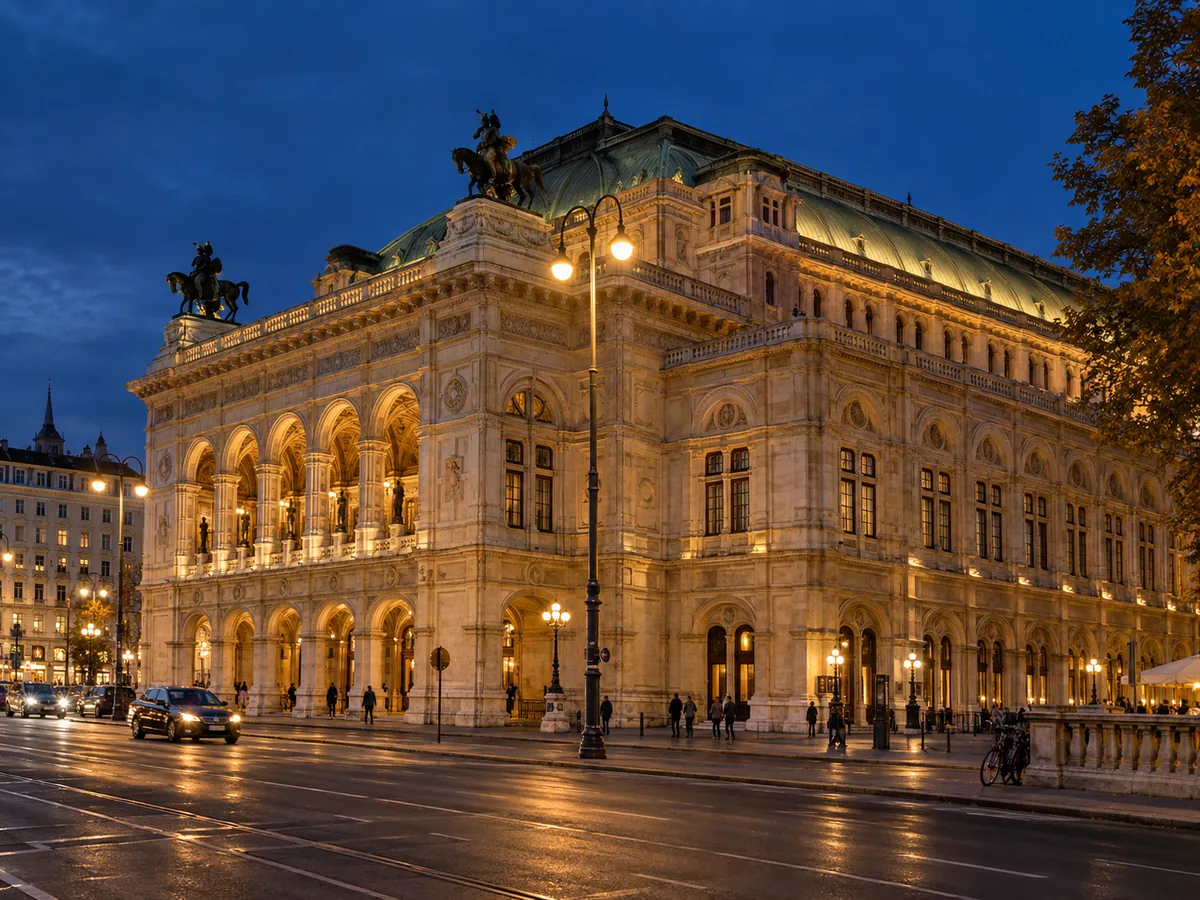 Die beleuchtete Fassade der Wiener Staatsoper am Abend