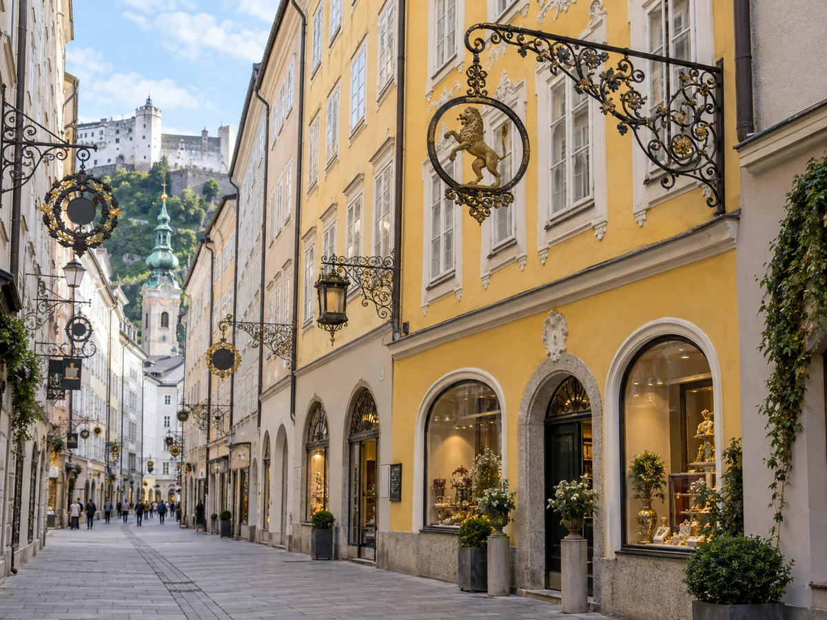 Die gelbe Fassade von Mozarts Geburtshaus in der Salzburger Getreidegasse