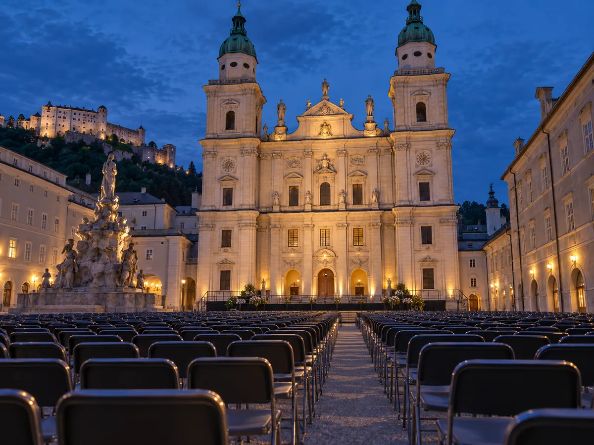 Der Salzburger Domplatz bei Abenddämmerung, bereit für eine Freiluft-Aufführung